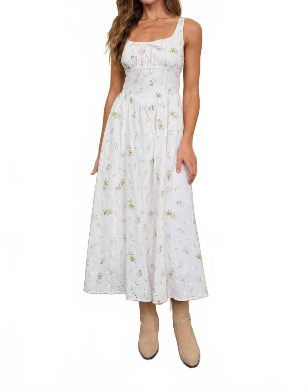 NEW BLU PEPPER eyelet tie front corset midi dress in white floral